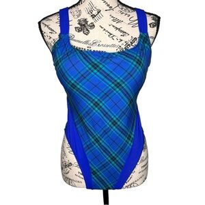 Vintage 80s Jantzen Blue Plaid Women's One Piece Swim Suit Size 10 Hi Cut Retro